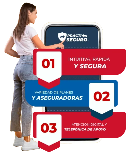 Mujer viendo beneficios de Practiseguro como es la seguridad, variedad de aseguradoras, atención digital y telefónica de apoyo